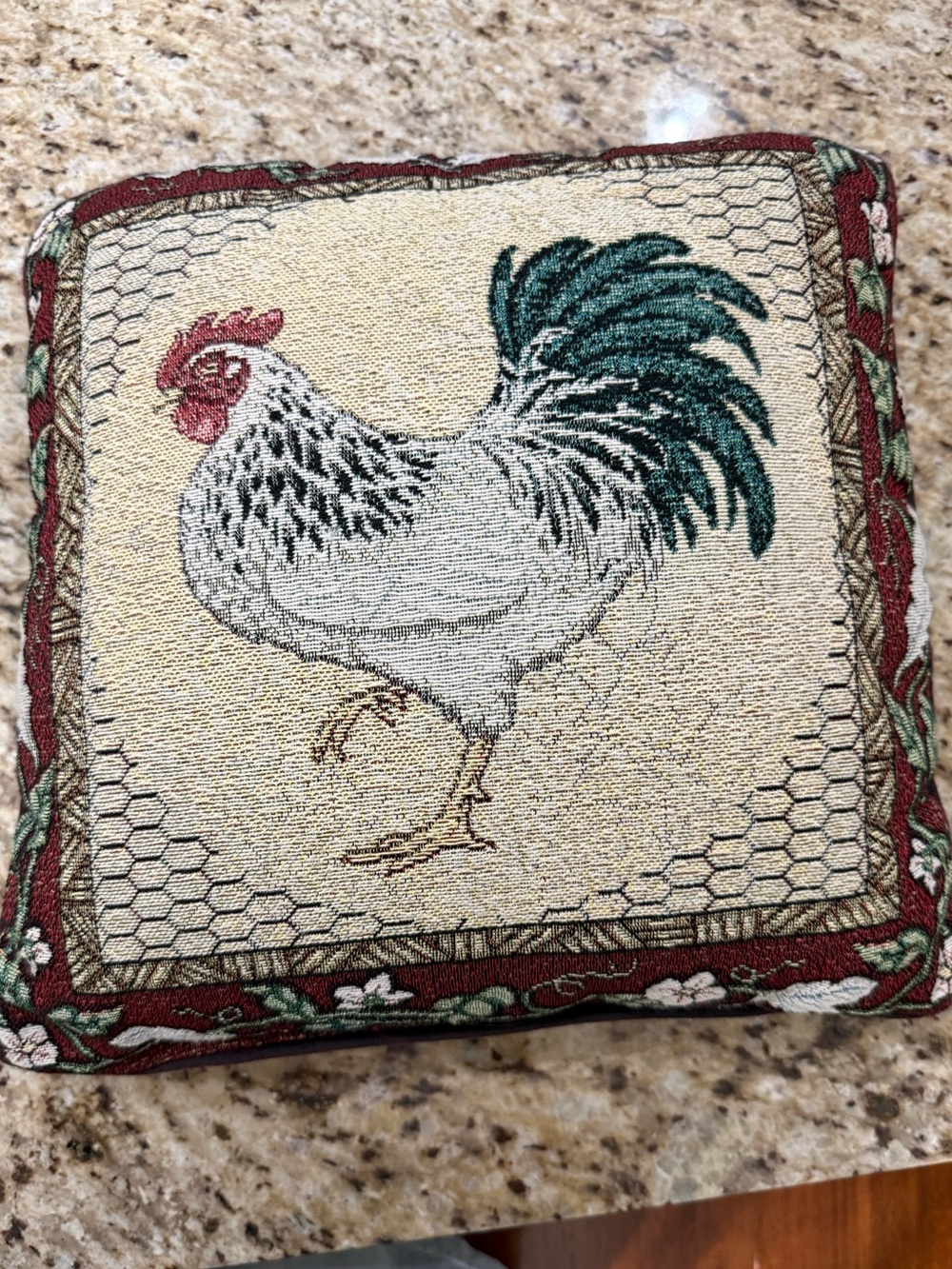 Vintage 90s Y2K French Country Woven Tapestry Rooster & Floral Throw Pillow
